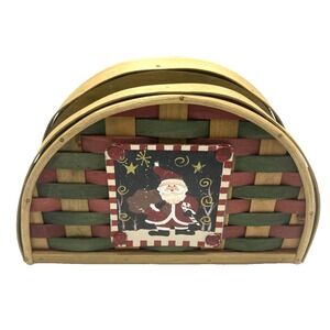Vtg Napkin Holder Christmas W/Santa Basket Weave Brass Nails Shaker Style